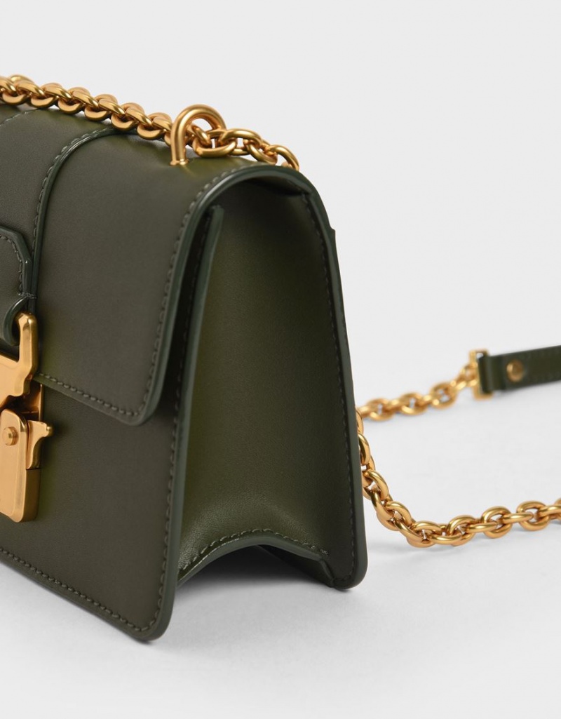 Charles And Keith Double Handle Metallic Push-Lock Shoulder Bags Olive | PHILIPPINES B807