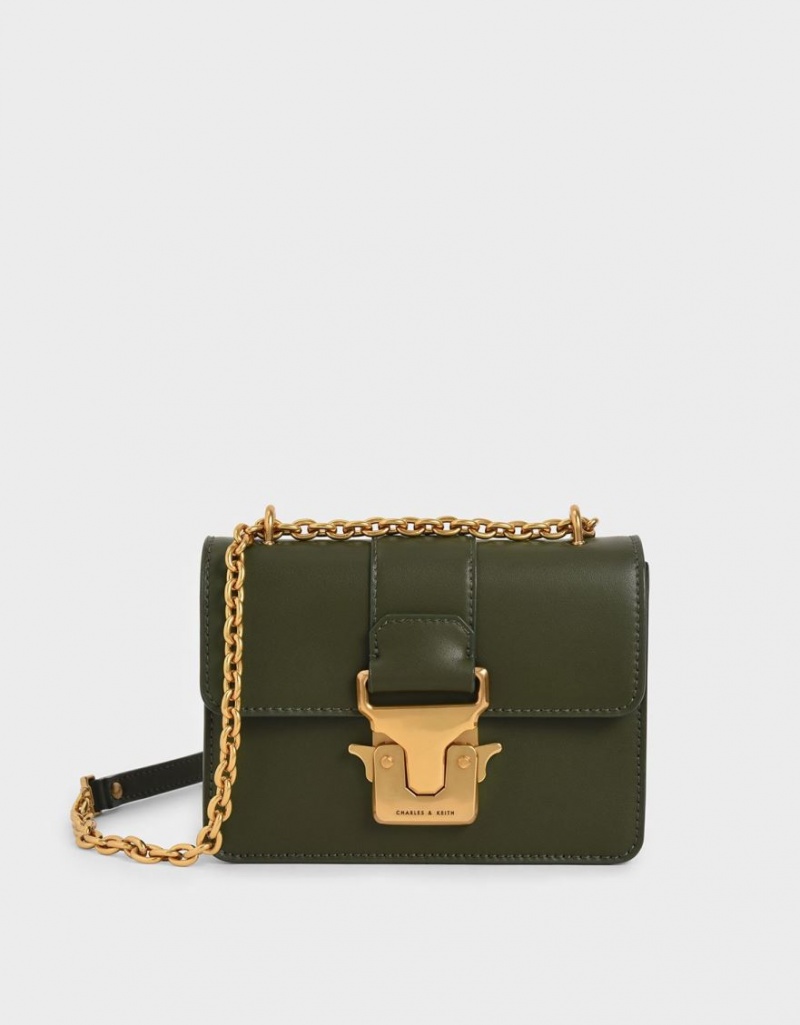 Charles And Keith Double Handle Metallic Push-Lock Shoulder Bags Olive | PHILIPPINES B807