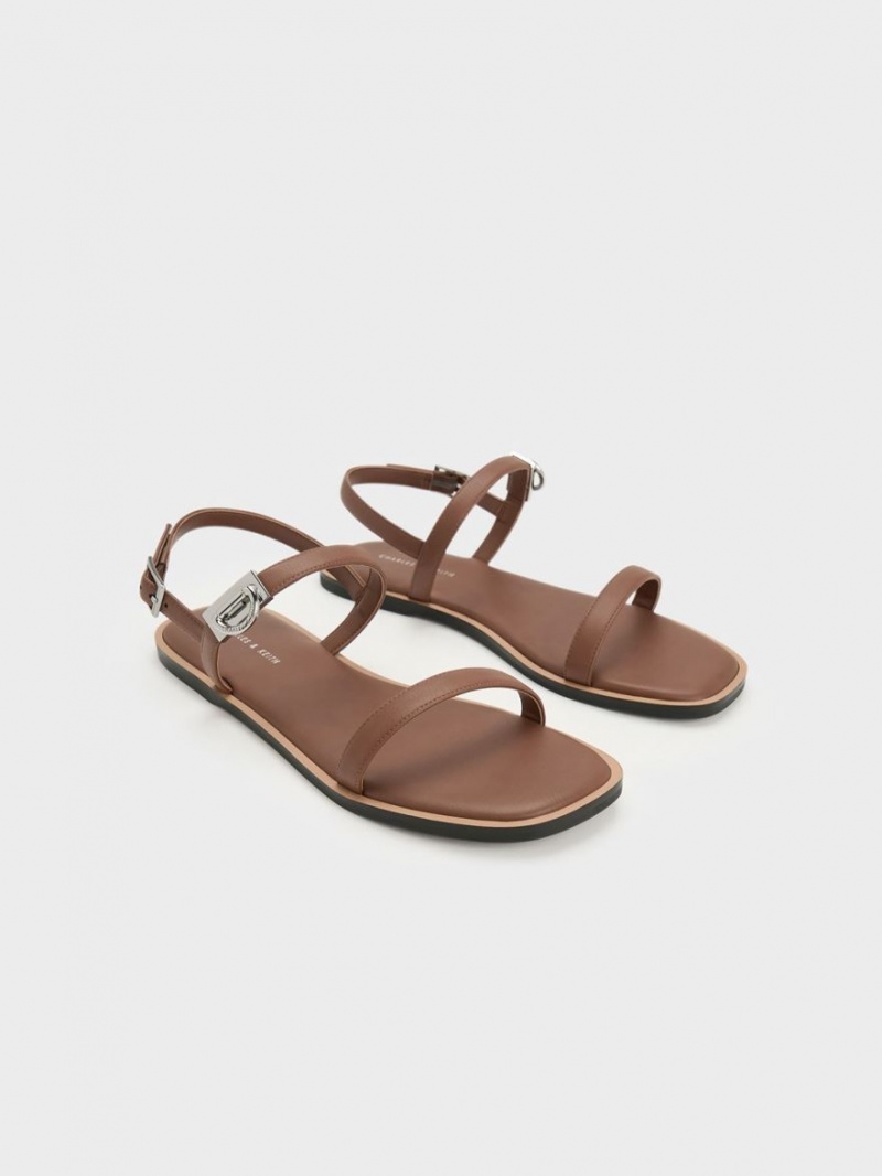 Charles And Keith Double Metallic Buckle Flat Sandals Brown | PHILIPPINES U193