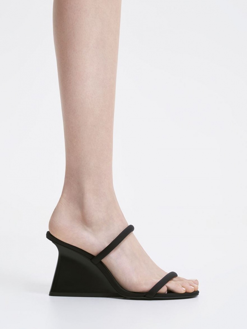 Charles And Keith Double Strap Wedge Mules Black | PHILIPPINES M260