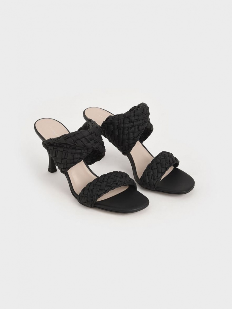 Charles And Keith Double Strap Woven Heeled Mules Black | PHILIPPINES A301