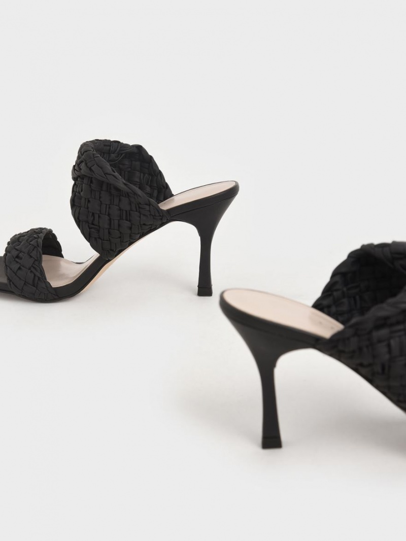 Charles And Keith Double Strap Woven Heeled Mules Black | PHILIPPINES A301