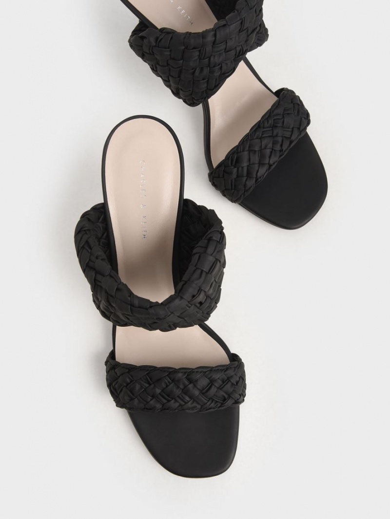 Charles And Keith Double Strap Woven Heeled Mules Black | PHILIPPINES A301