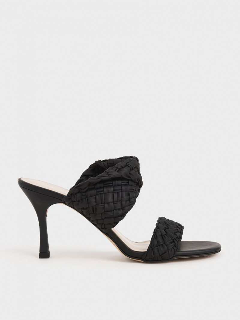 Charles And Keith Double Strap Woven Heeled Mules Black | PHILIPPINES A301