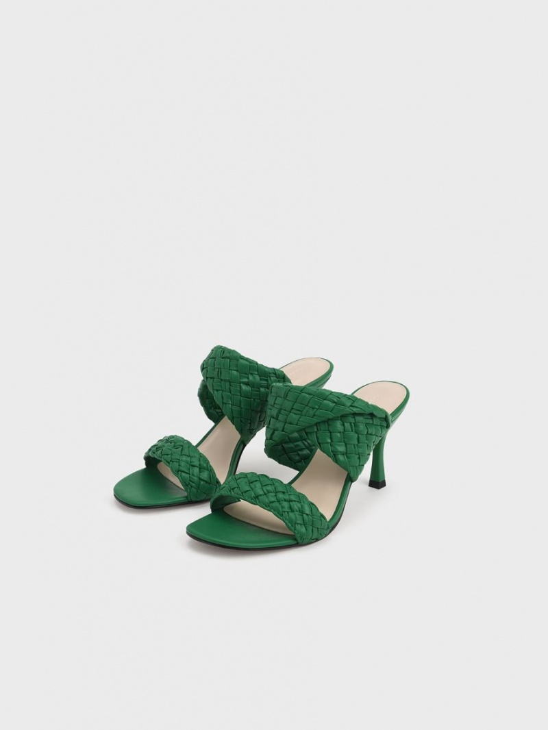 Charles And Keith Double Strap Woven Heeled Mules Green | PHILIPPINES X479