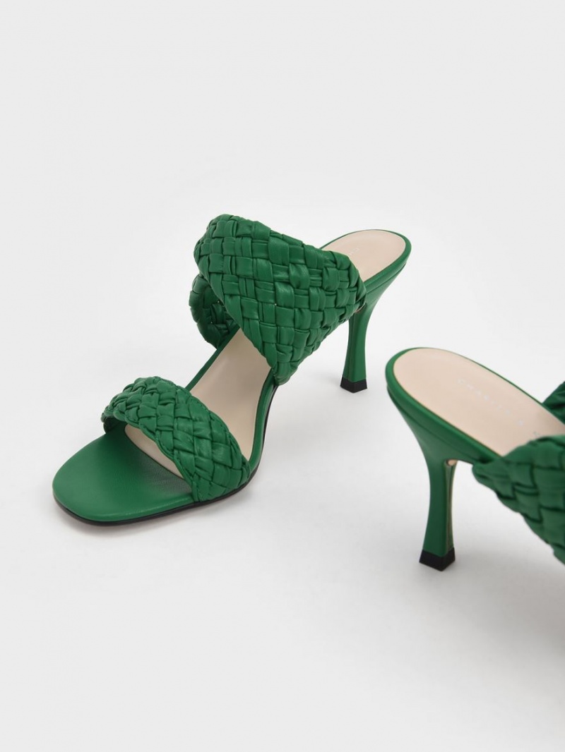 Charles And Keith Double Strap Woven Heeled Mules Green | PHILIPPINES X479