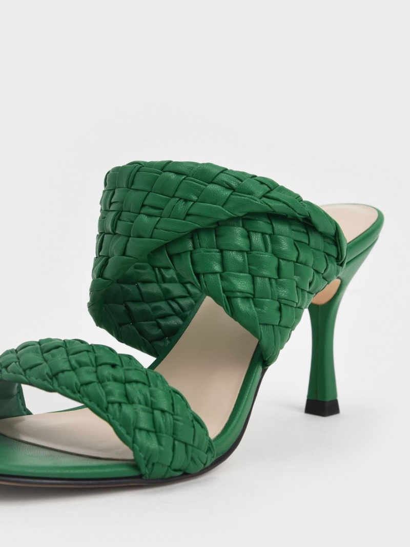 Charles And Keith Double Strap Woven Heeled Mules Green | PHILIPPINES X479