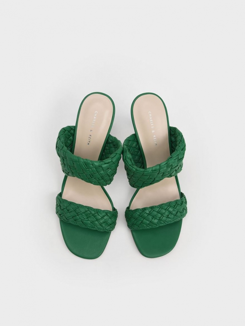 Charles And Keith Double Strap Woven Heeled Mules Green | PHILIPPINES X479