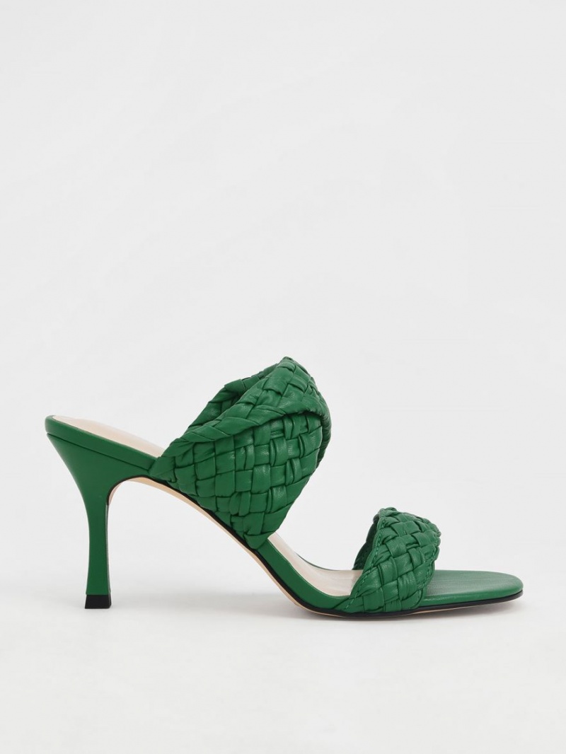 Charles And Keith Double Strap Woven Heeled Mules Green | PHILIPPINES X479