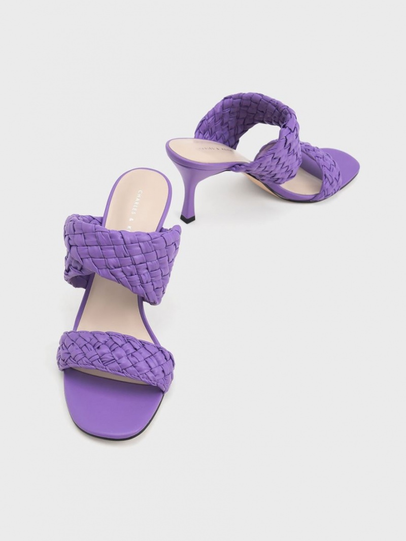 Charles And Keith Double Strap Woven Heeled Mules Purple | PHILIPPINES L038