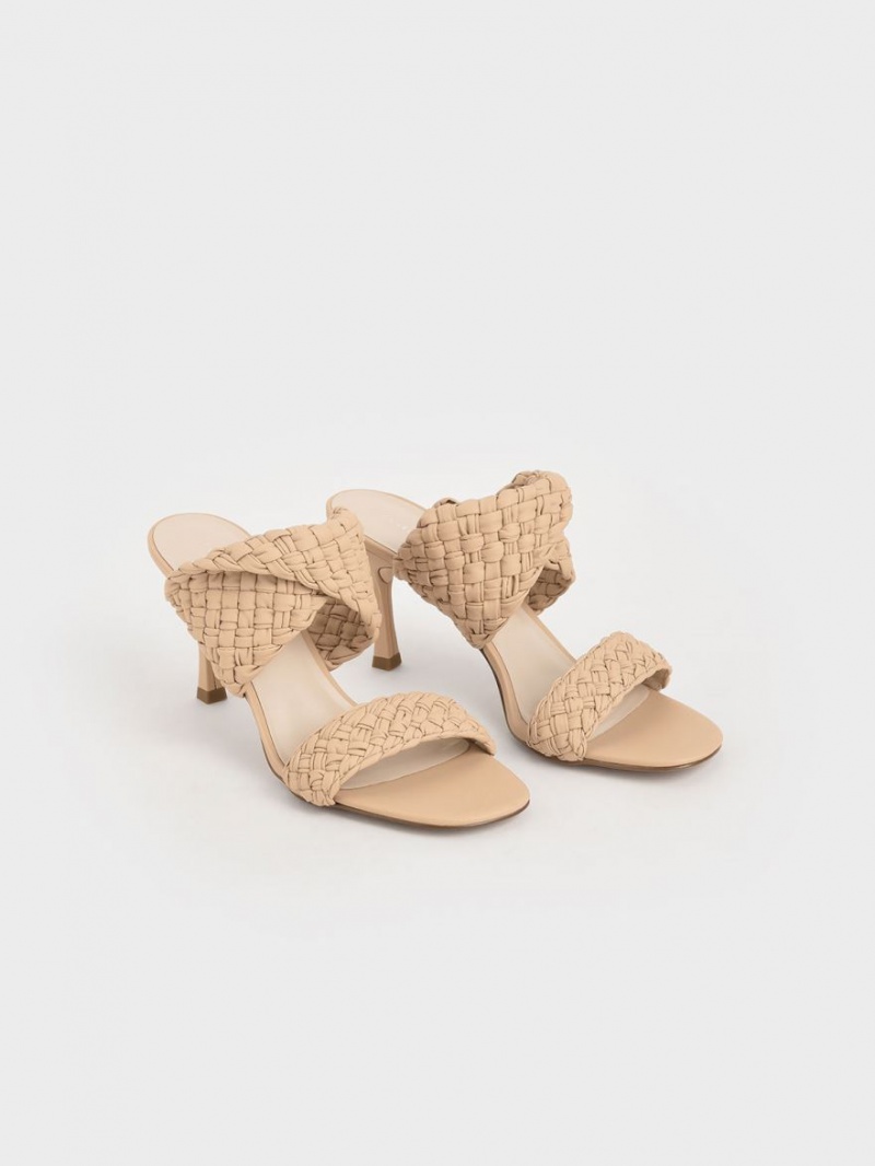 Charles And Keith Double Strap Woven Heeled Mules Beige | PHILIPPINES L867