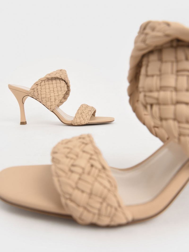 Charles And Keith Double Strap Woven Heeled Mules Beige | PHILIPPINES L867