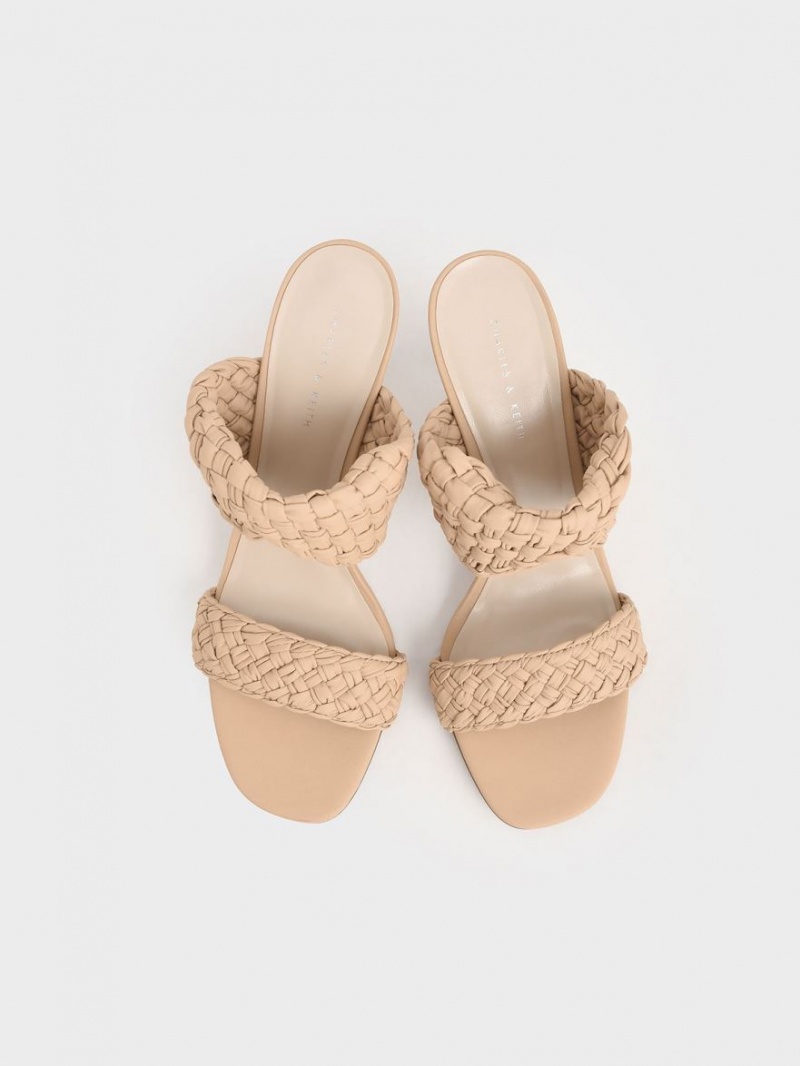 Charles And Keith Double Strap Woven Heeled Mules Beige | PHILIPPINES L867