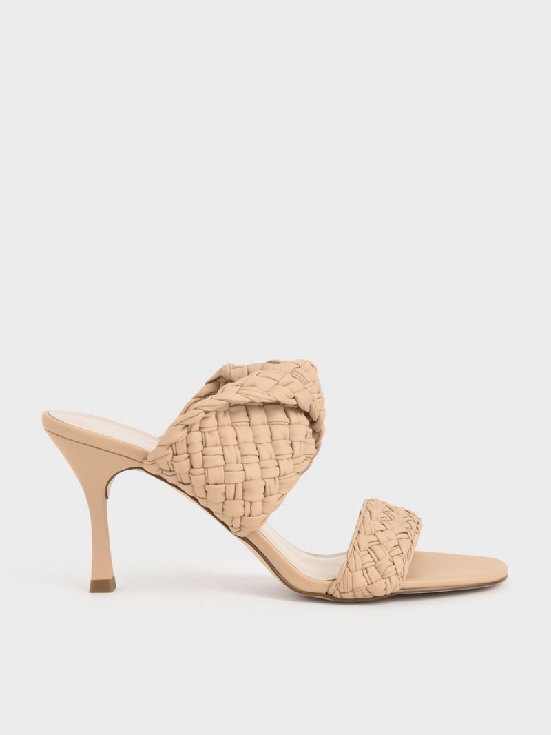 Charles And Keith Double Strap Woven Heeled Mules Beige | PHILIPPINES L867