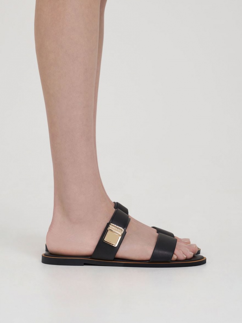 Charles And Keith Dove Metallic Buckle Slide Sandals Black | PHILIPPINES B348