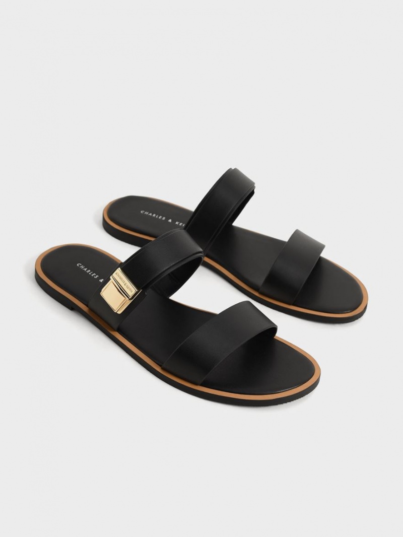 Charles And Keith Dove Metallic Buckle Slide Sandals Black | PHILIPPINES B348