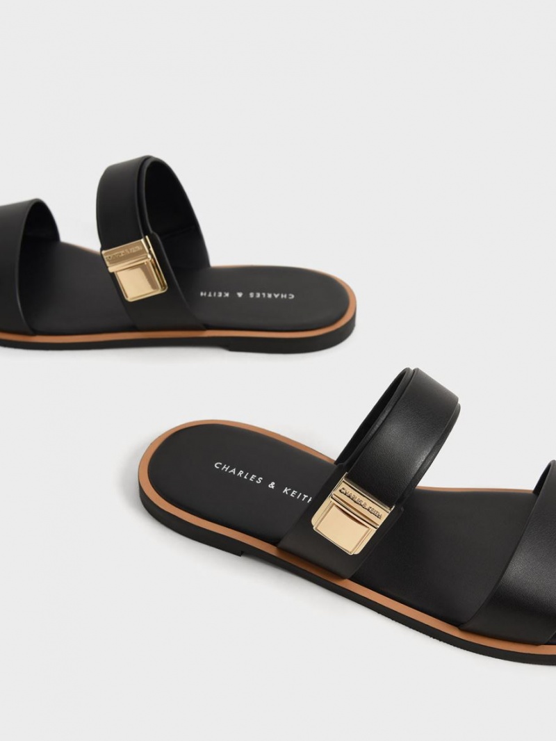 Charles And Keith Dove Metallic Buckle Slide Sandals Black | PHILIPPINES B348