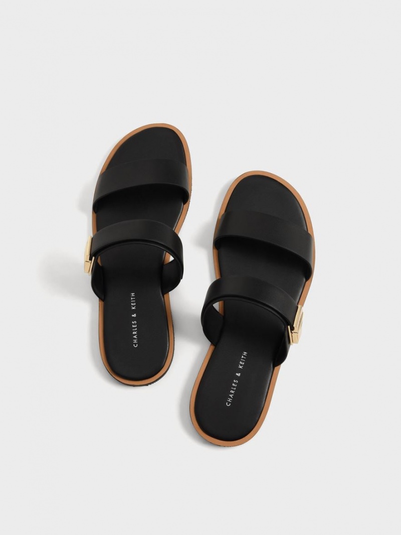 Charles And Keith Dove Metallic Buckle Slide Sandals Black | PHILIPPINES B348