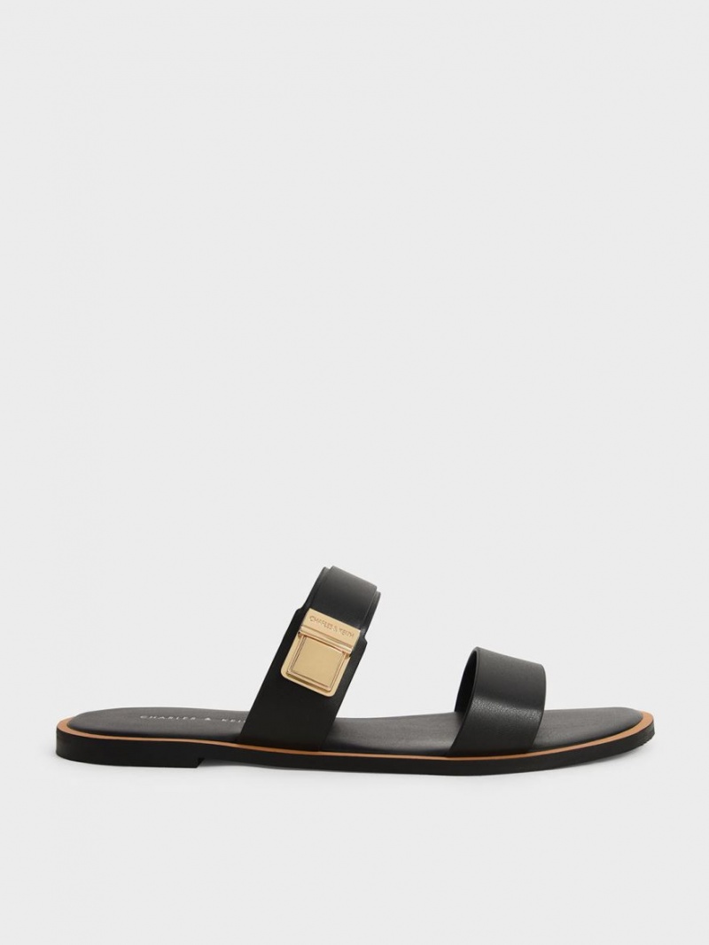 Charles And Keith Dove Metallic Buckle Slide Sandals Black | PHILIPPINES B348