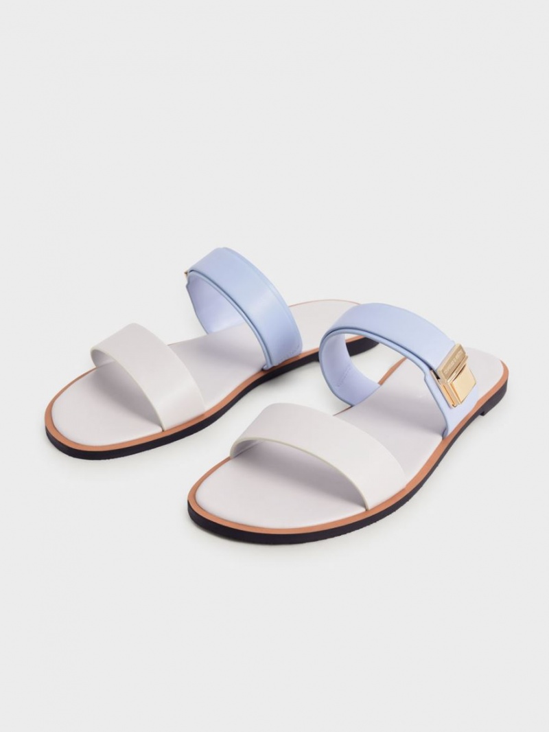 Charles And Keith Dove Metallic Buckle Slide Sandals Light Blue | PHILIPPINES W187