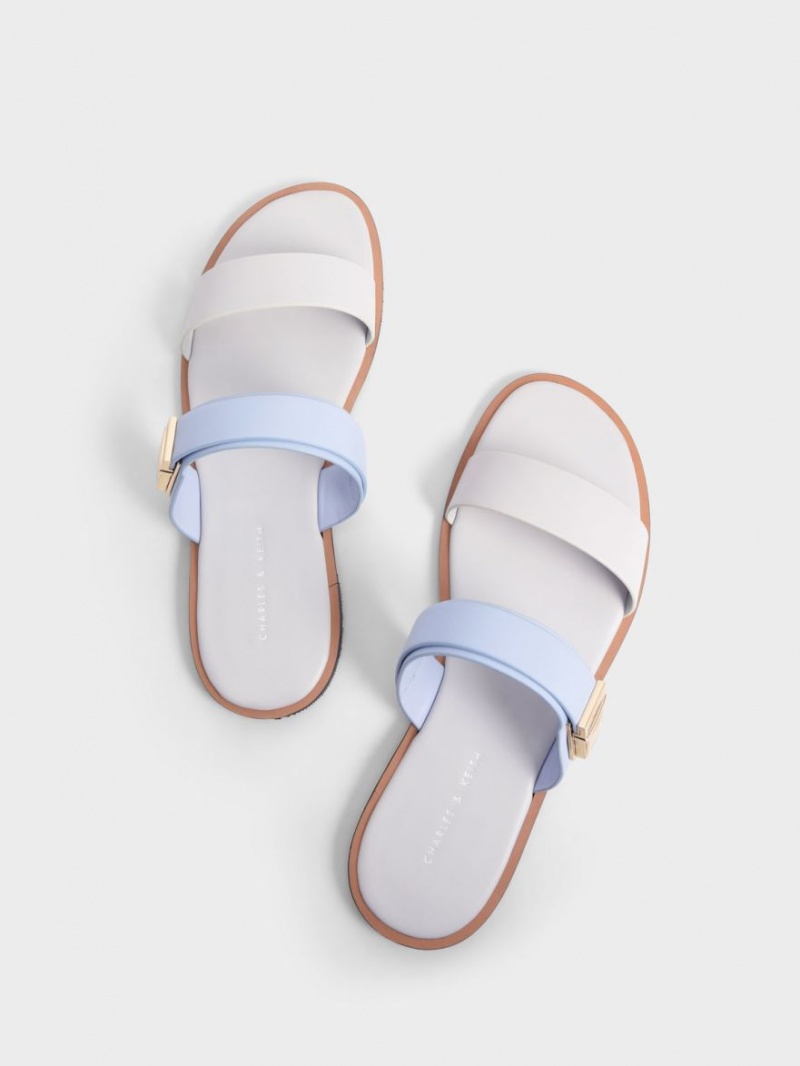 Charles And Keith Dove Metallic Buckle Slide Sandals Light Blue | PHILIPPINES W187