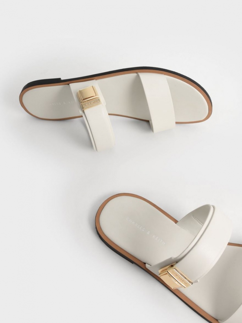 Charles And Keith Dove Metallic Buckle Slide Sandals White | PHILIPPINES M237