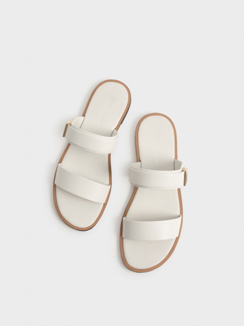 Charles And Keith Dove Metallic Buckle Slide Sandals White | PHILIPPINES M237