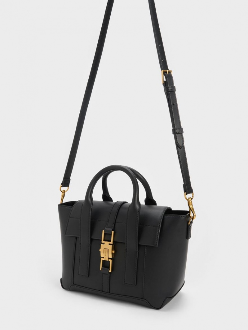 Charles And Keith Dua Buckled Trapeze Tote Bags Black | PHILIPPINES R350