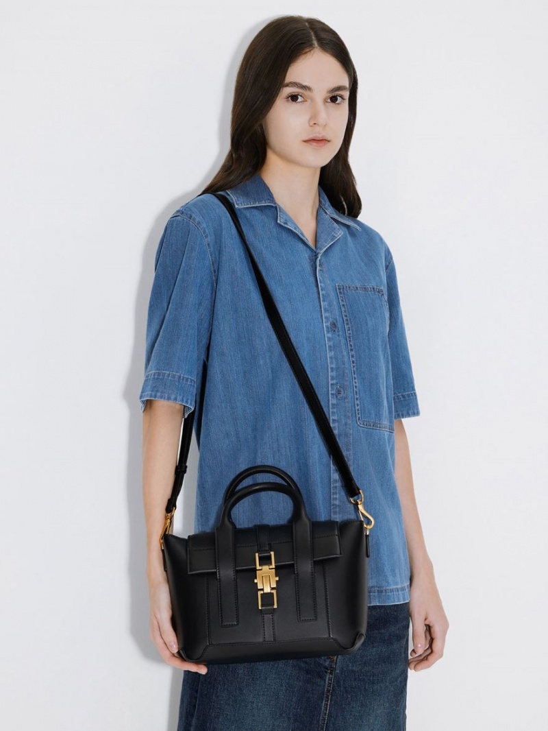 Charles And Keith Dua Buckled Trapeze Tote Bags Black | PHILIPPINES R350