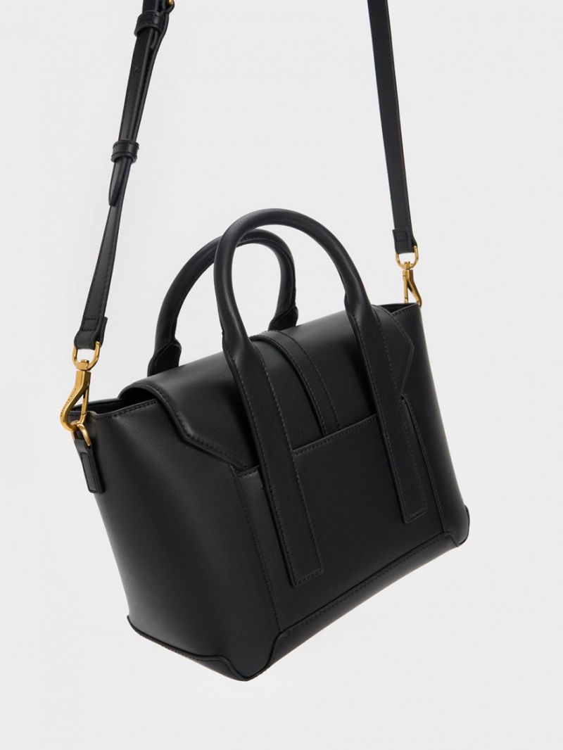 Charles And Keith Dua Buckled Trapeze Tote Bags Black | PHILIPPINES R350