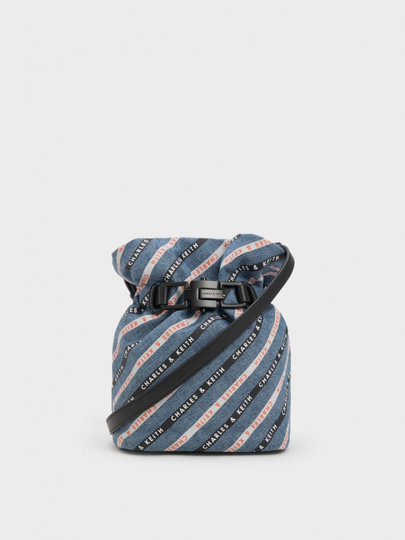 Charles And Keith Dua Striped Denim Bucket Bags Blue | PHILIPPINES I492