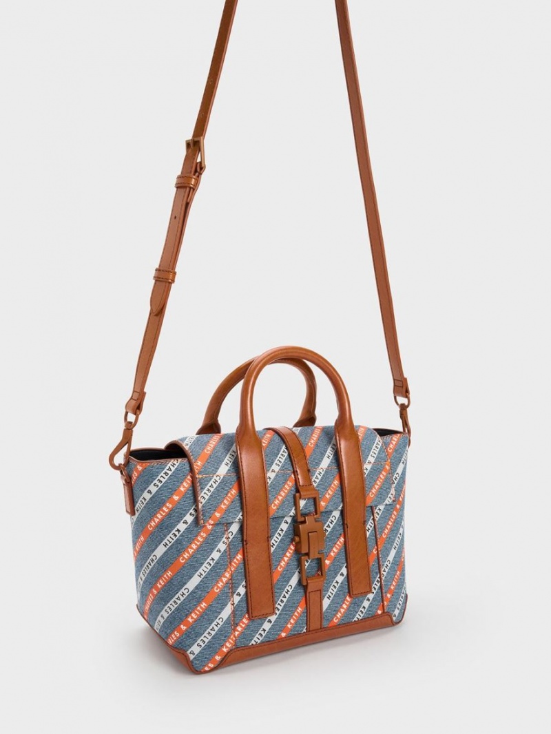 Charles And Keith Dua Striped Denim Buckled Trapeze Tote Bags Multicolor | PHILIPPINES B271