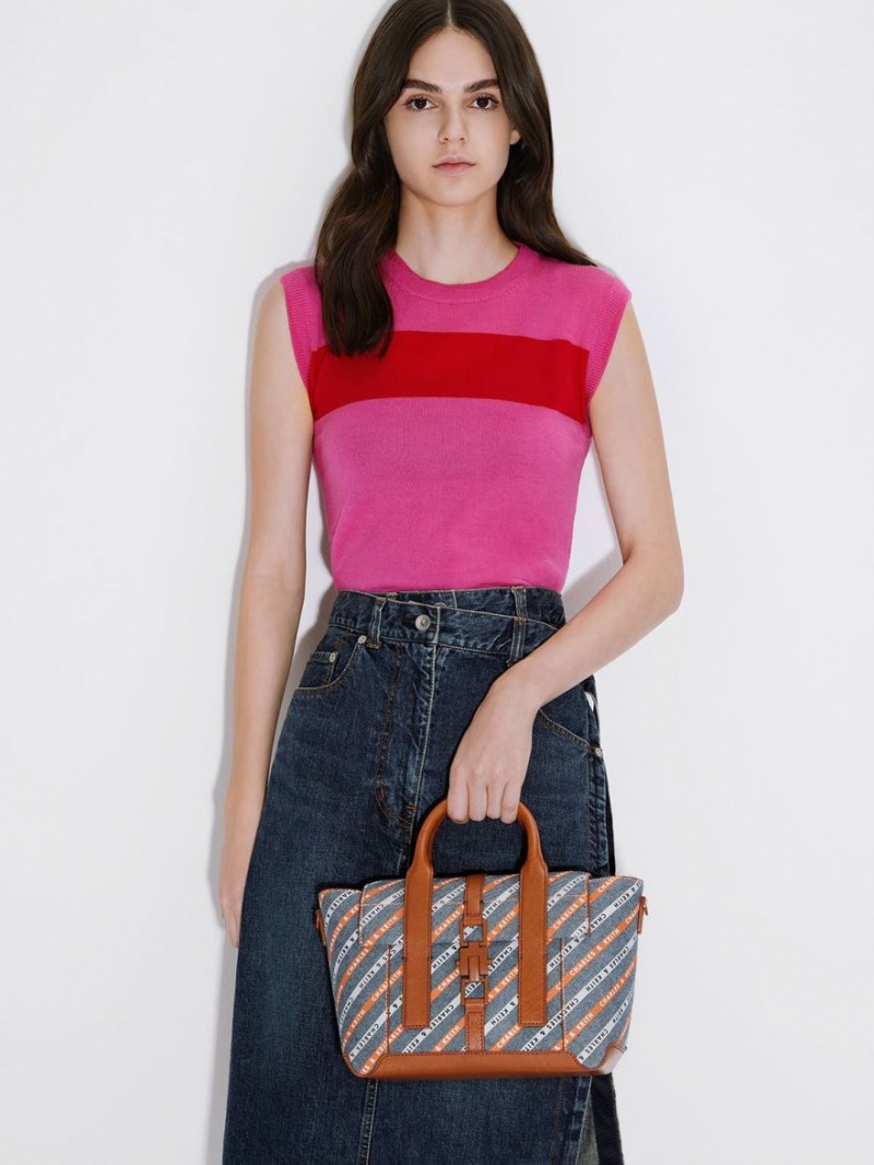 Charles And Keith Dua Striped Denim Buckled Trapeze Tote Bags Multicolor | PHILIPPINES B271