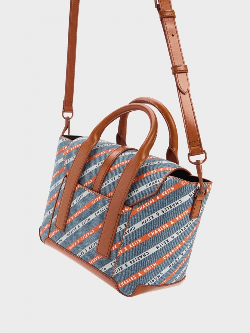 Charles And Keith Dua Striped Denim Buckled Trapeze Tote Bags Multicolor | PHILIPPINES B271