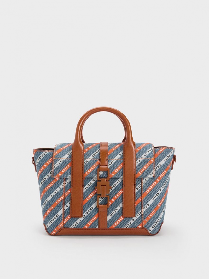 Charles And Keith Dua Striped Denim Buckled Trapeze Tote Bags Multicolor | PHILIPPINES B271