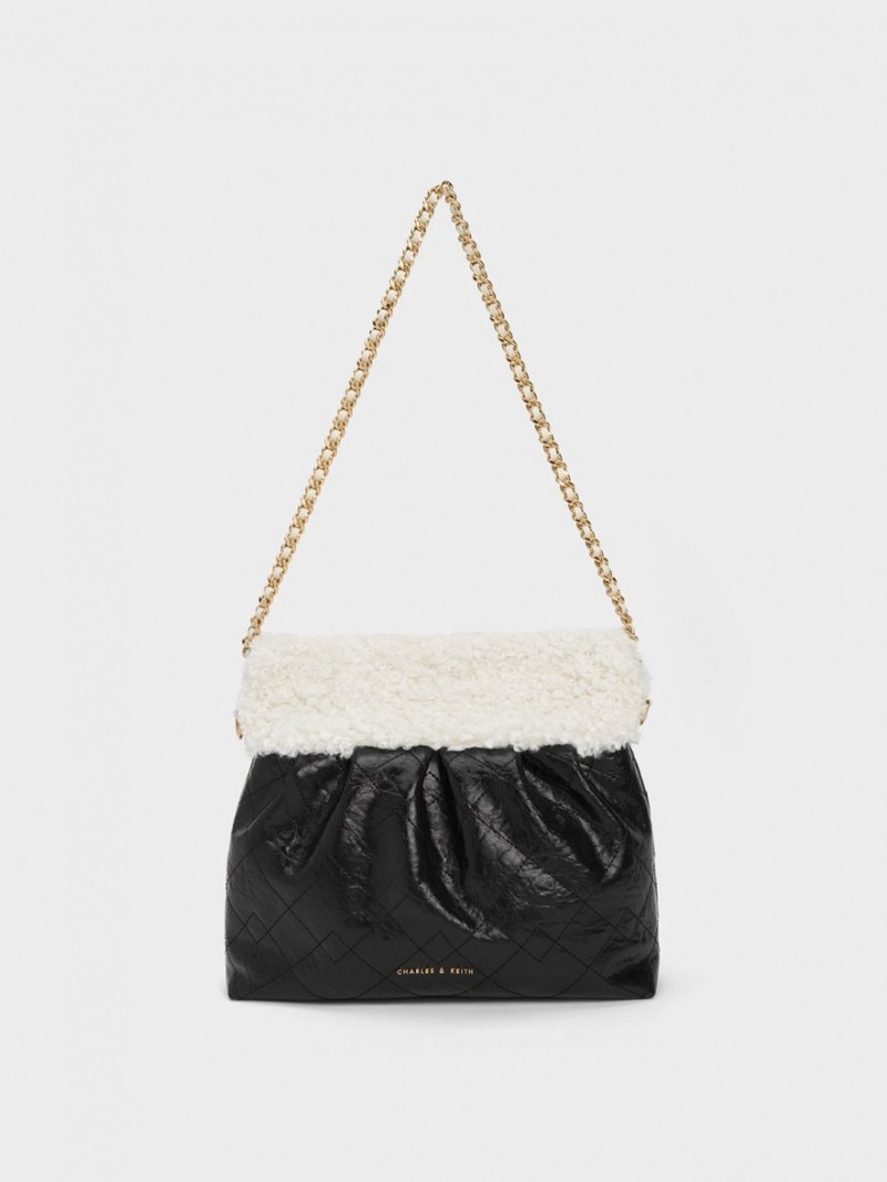 Charles And Keith Duo Furry Chain Handle Shoulder Bags Black | PHILIPPINES G735