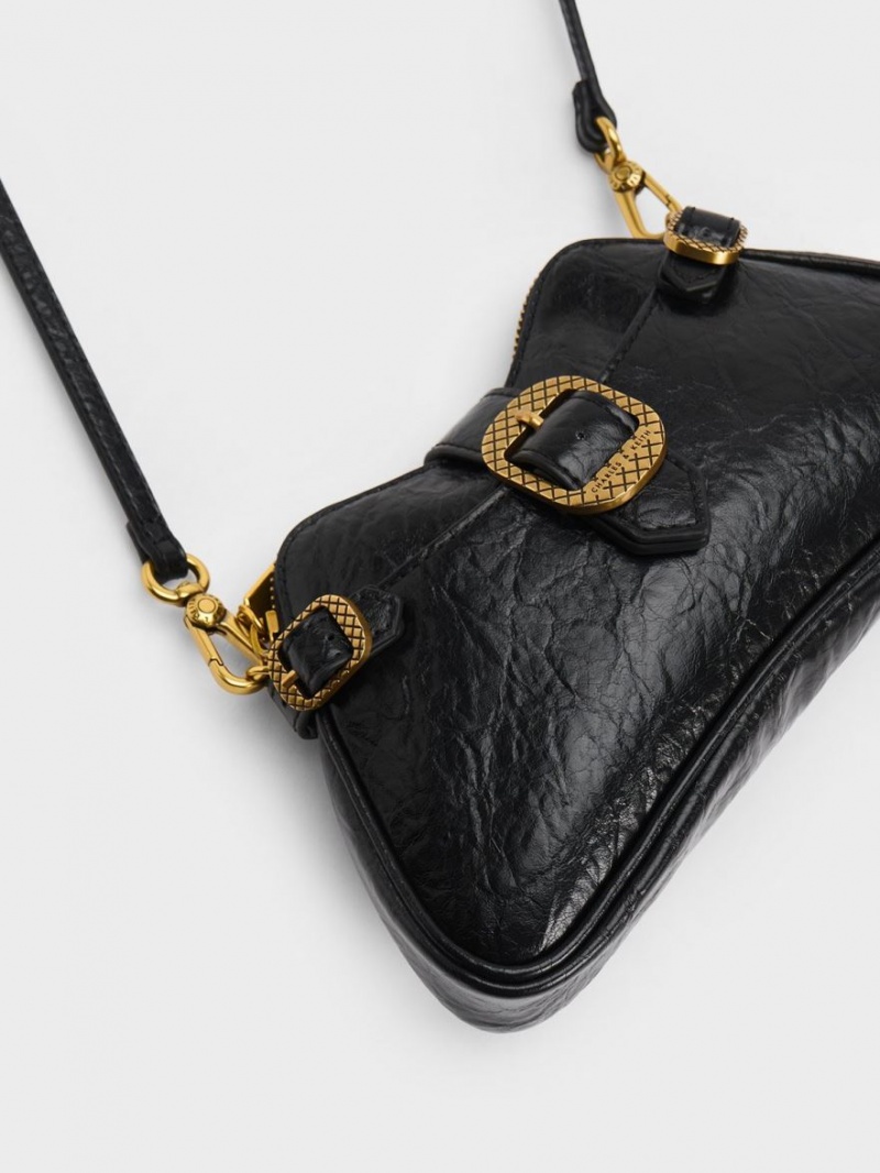 Charles And Keith Eilith Chain-Handle Buckled Shoulder Bags Black | PHILIPPINES U061