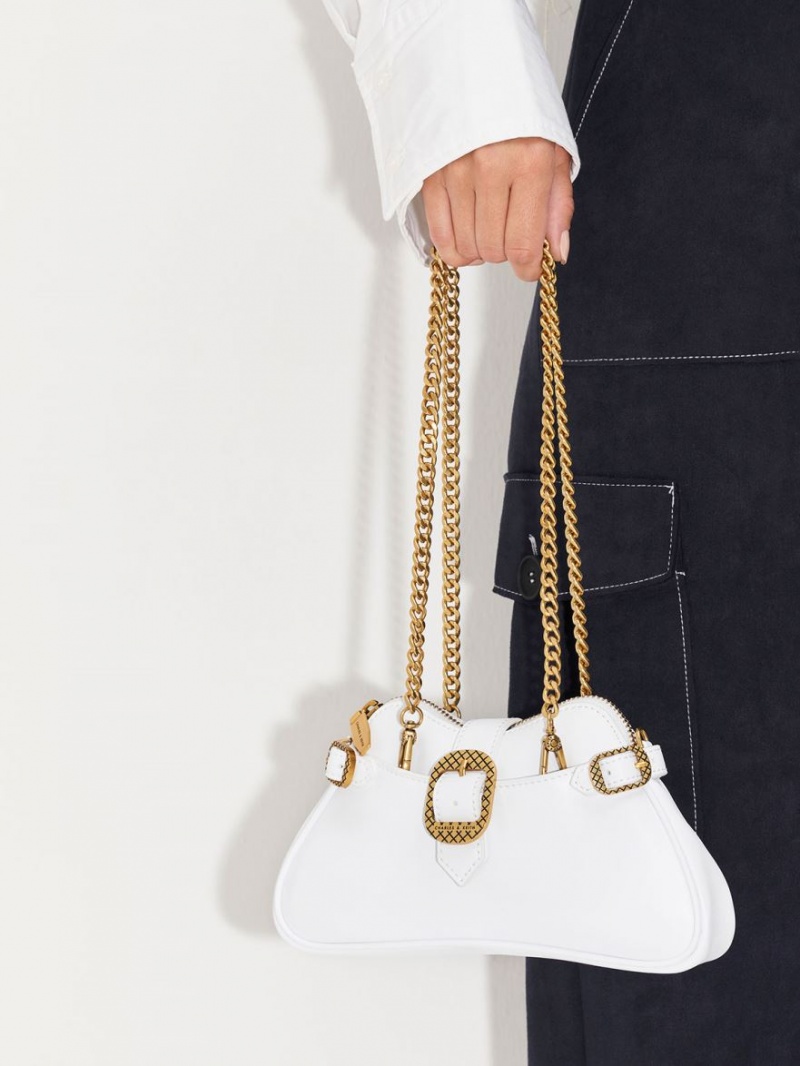 Charles And Keith Eilith Chain-Handle Buckled Shoulder Bags White | PHILIPPINES L165