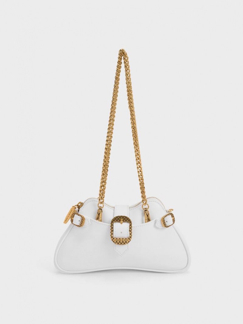 Charles And Keith Eilith Chain-Handle Buckled Shoulder Bags White | PHILIPPINES L165