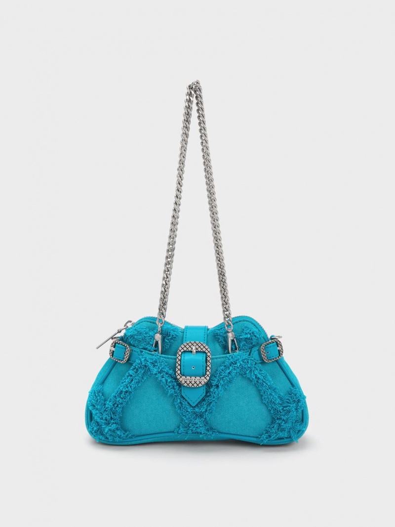 Charles And Keith Eilith Chain-Handle Denim Buckled Shoulder Bags Blue | PHILIPPINES L281