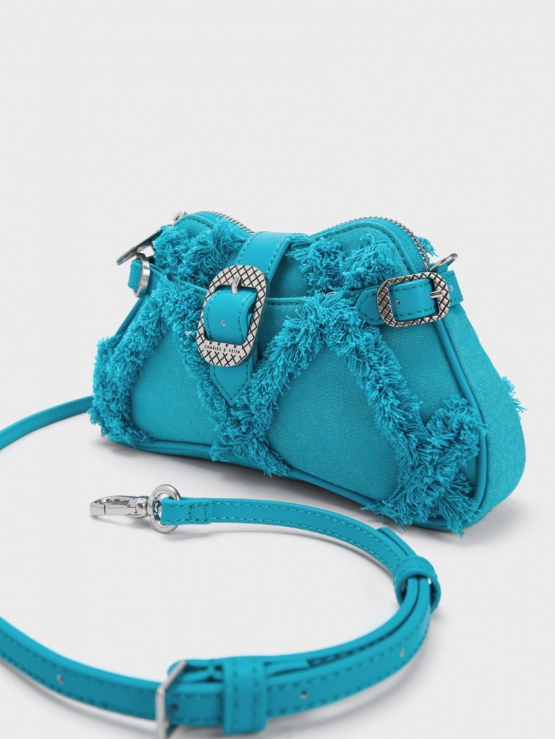 Charles And Keith Eilith Chain-Handle Denim Buckled Shoulder Bags Blue | PHILIPPINES L281