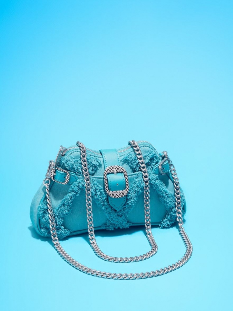 Charles And Keith Eilith Chain-Handle Denim Buckled Shoulder Bags Blue | PHILIPPINES L281