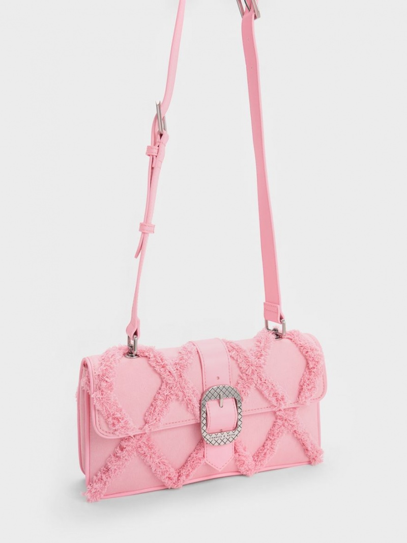 Charles And Keith Eilith Frayed Denim Buckled Shoulder Bags Pink | PHILIPPINES G067