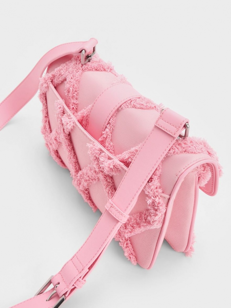 Charles And Keith Eilith Frayed Denim Buckled Shoulder Bags Pink | PHILIPPINES G067