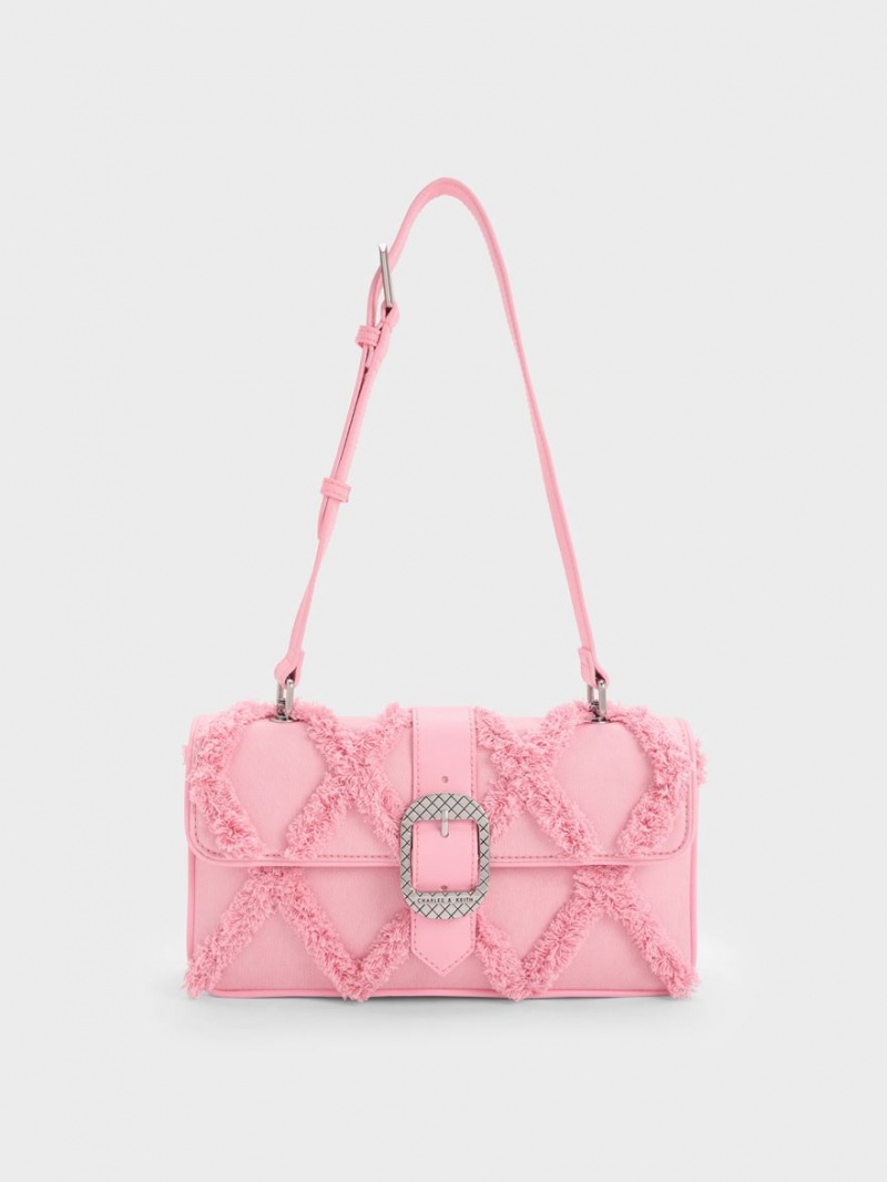 Charles And Keith Eilith Frayed Denim Buckled Shoulder Bags Pink | PHILIPPINES G067