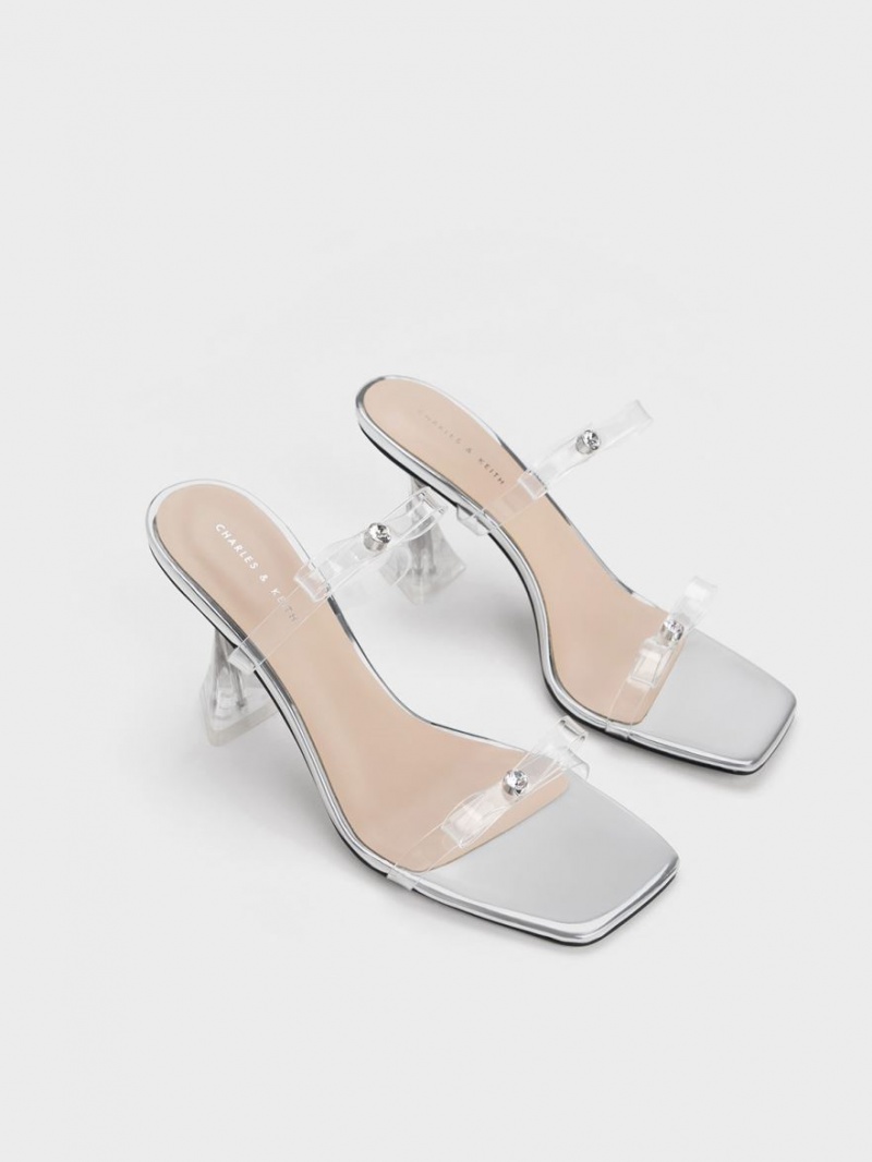 Charles And Keith Embellished Bow See-Through Heels Sandals Silver | PHILIPPINES O980