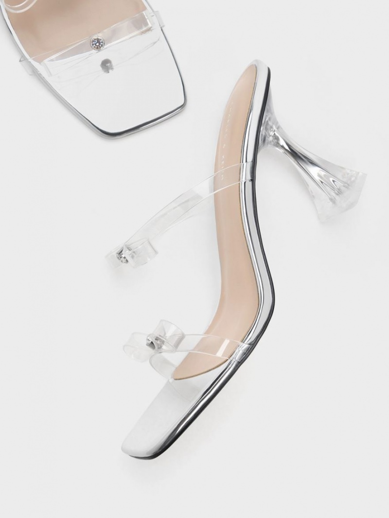 Charles And Keith Embellished Bow See-Through Heels Sandals Silver | PHILIPPINES O980