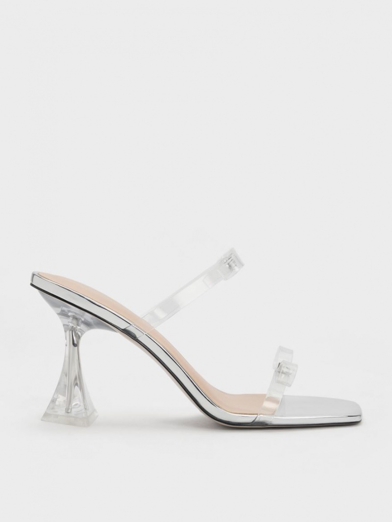 Charles And Keith Embellished Bow See-Through Heels Sandals Silver | PHILIPPINES O980