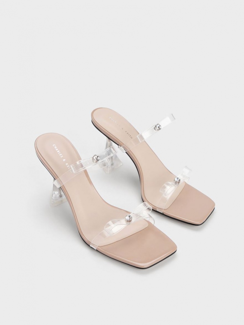 Charles And Keith Embellished Bow See-Through Heels Sandals Beige | PHILIPPINES D498