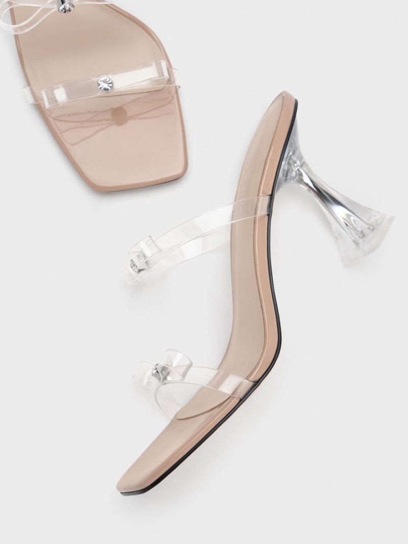 Charles And Keith Embellished Bow See-Through Heels Sandals Beige | PHILIPPINES D498